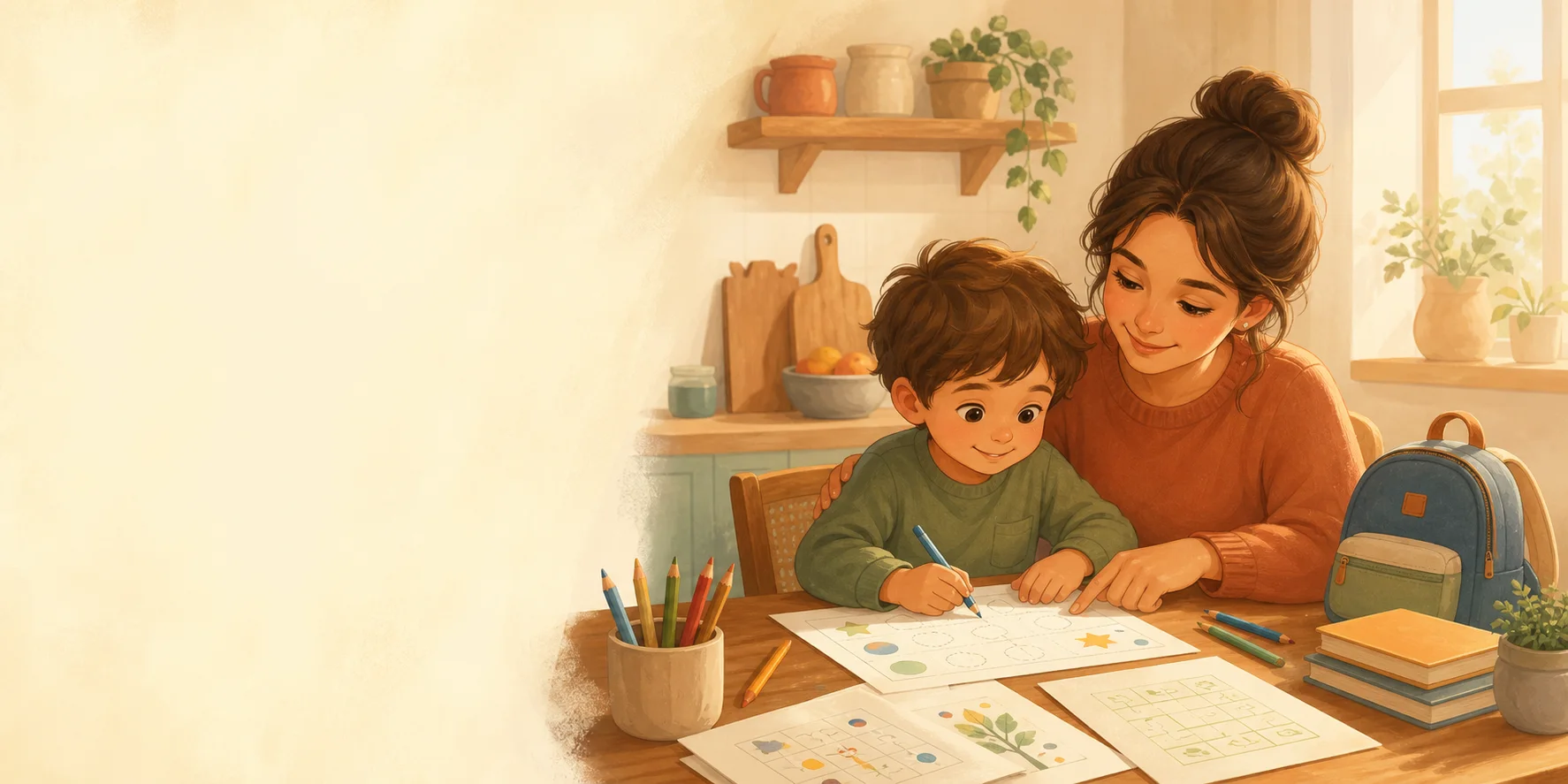Ilustração de mãe ajudando criança concentrada com atividades impressas em uma mesa.