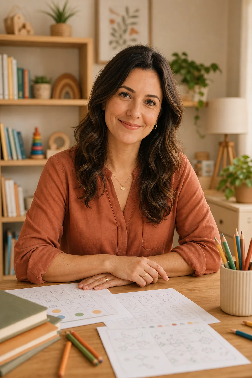 Retrato fictício da Profa. Juliana Castro em um ambiente educativo acolhedor.